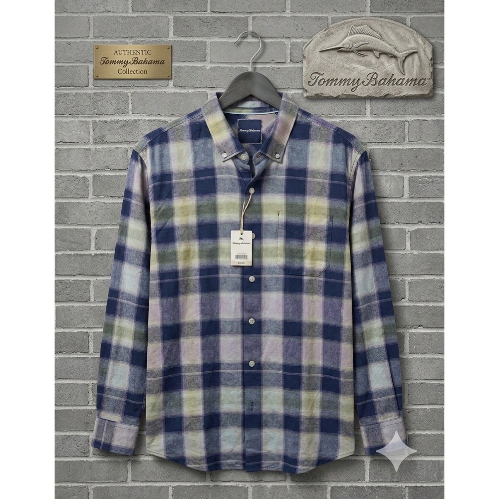 🤑Tommy Bahama🚨 Chaveta Check Linen Cotton‎ Plaid Shirt XL Deep Space Blue $118